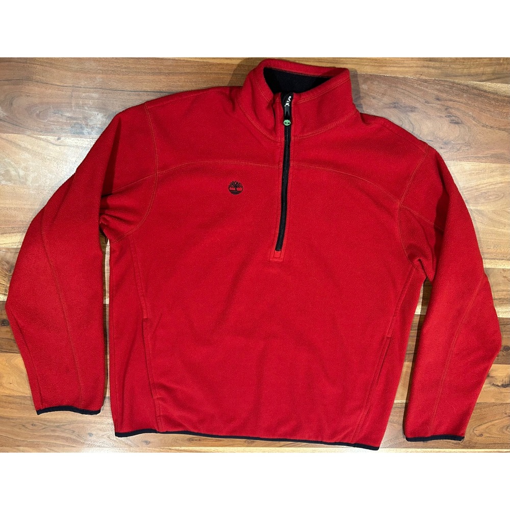 Timberland Mens Red Fleece Quarter Zip Pullover Jacket Embroidered Logo Size XL